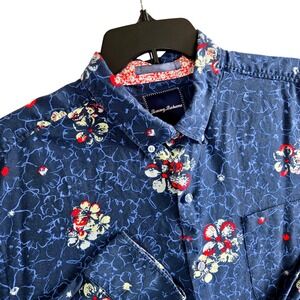 Tommy‎ Bahama Mens XL Floral Button Down Shirt Cotton Silk Long Sleeve Blue Red